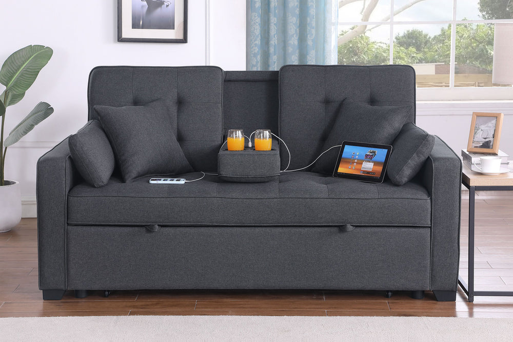 Cody II 70"W Dark Gray Linen Convertible Sleeper Loveseat with Dropdown Console, Cup Holders, Charging Ports, Pocket, and Pocket Coil Seating - View 6