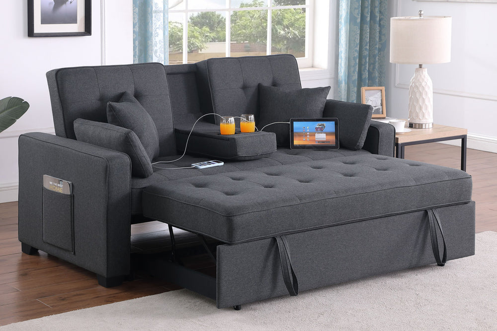 Cody II 70"W Dark Gray Linen Convertible Sleeper Loveseat with Dropdown Console, Cup Holders, Charging Ports, Pocket, and Pocket Coil Seating - View 4