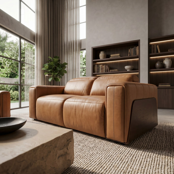 Sandstone - Modern Brown Leather Loveseat w/ 2 Electric Recliners