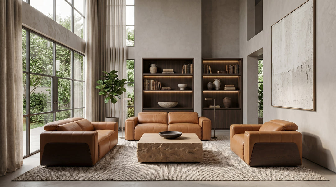 Sandstone - Modern Brown Leather Sofa Set w/ Electric Recliners