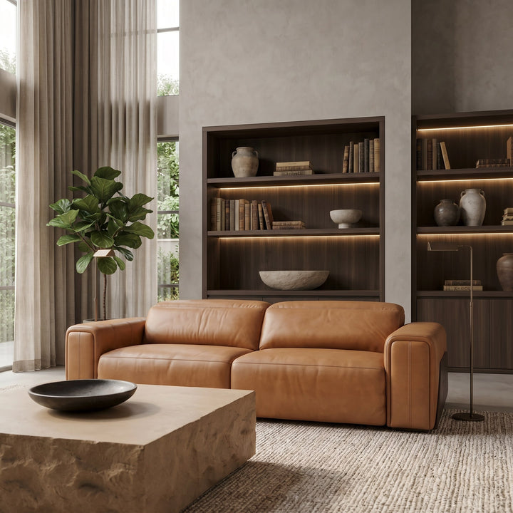 Sandstone - Modern Brown Leather Sofa w/ 2 Electric Recliners