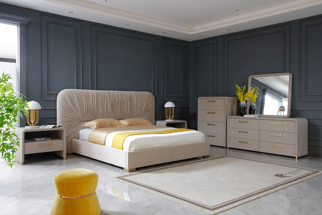 Eastern King Florence - Modern Beige Velvet + Shagreen Bedroom Set