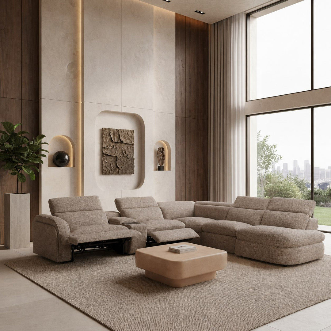 Ambler - Modern Brown Fabric Sectional Sofa w/ 2 Power Recliners Right Facing Chaise