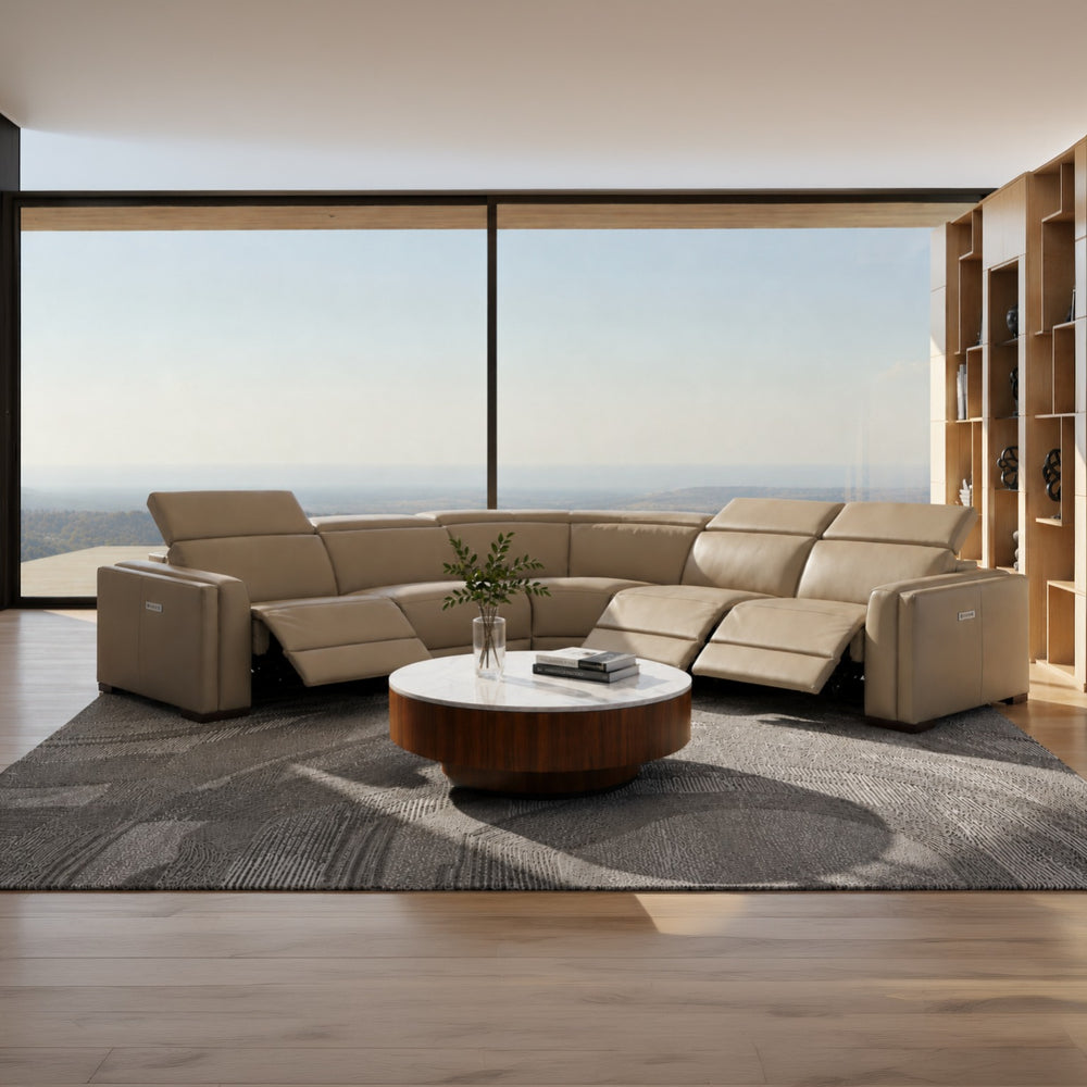 Frazier - Modern Tan Leather Sectional Sofa with 3 Recliners - View 10