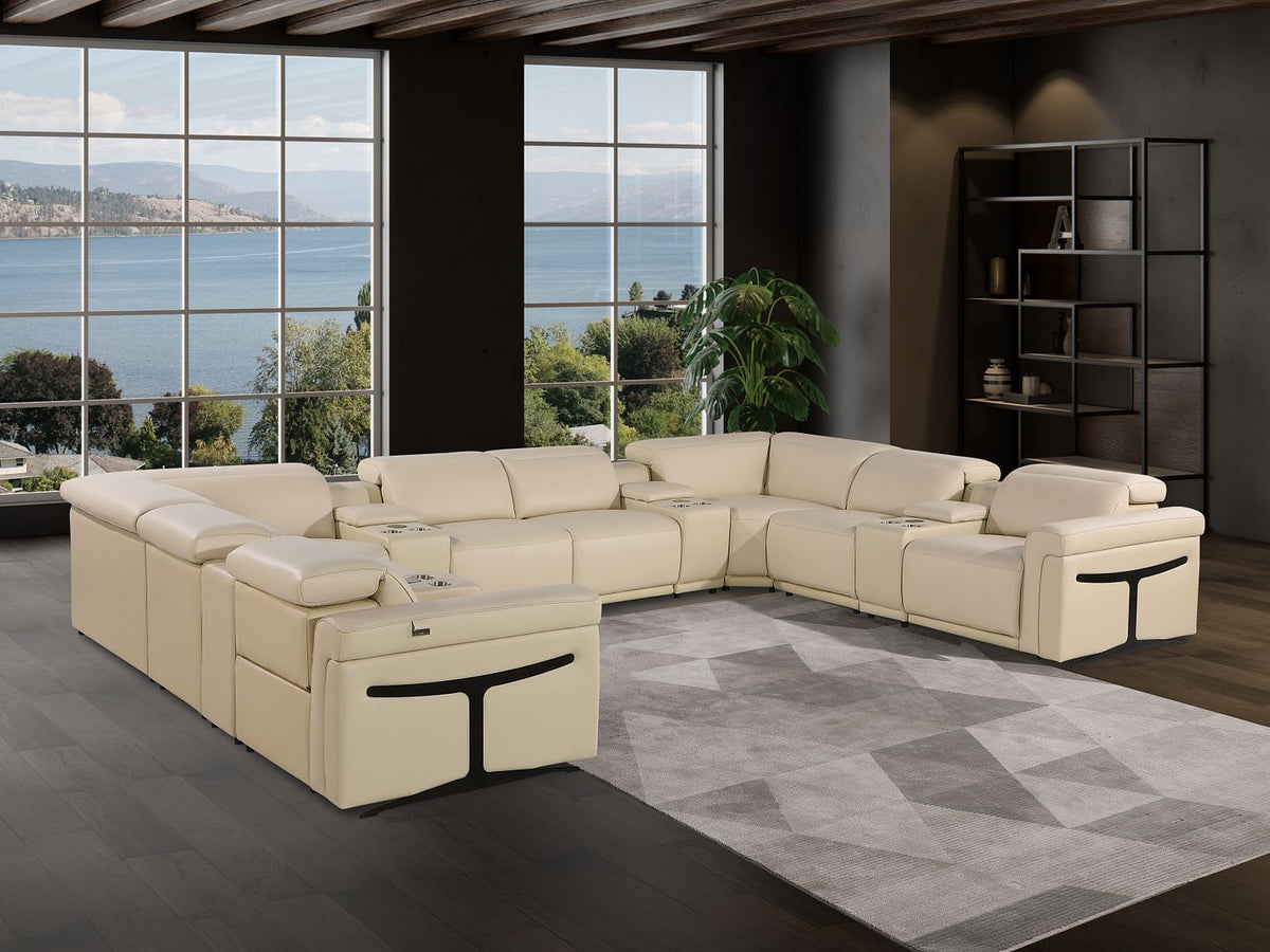 DivanItalia 1126 12-Piece U-Shaped Sectional Sofa in Top Grain Italian Leather with 4 Power Recliners & Power Headrests - Beige