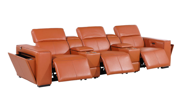 DivanItalia 1224 5-Piece Modular Power Reclining Sofa in Top Grain Italian Leather with 3 Power Recliners &amp; Power Headrests - Camel