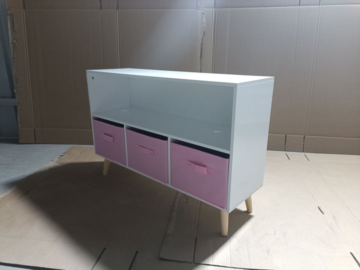 modern-kids-bookcase-with-collapsible-fabric-drawers-childrens-book-display-toy-storage-white-pink-mdf-pine-legs