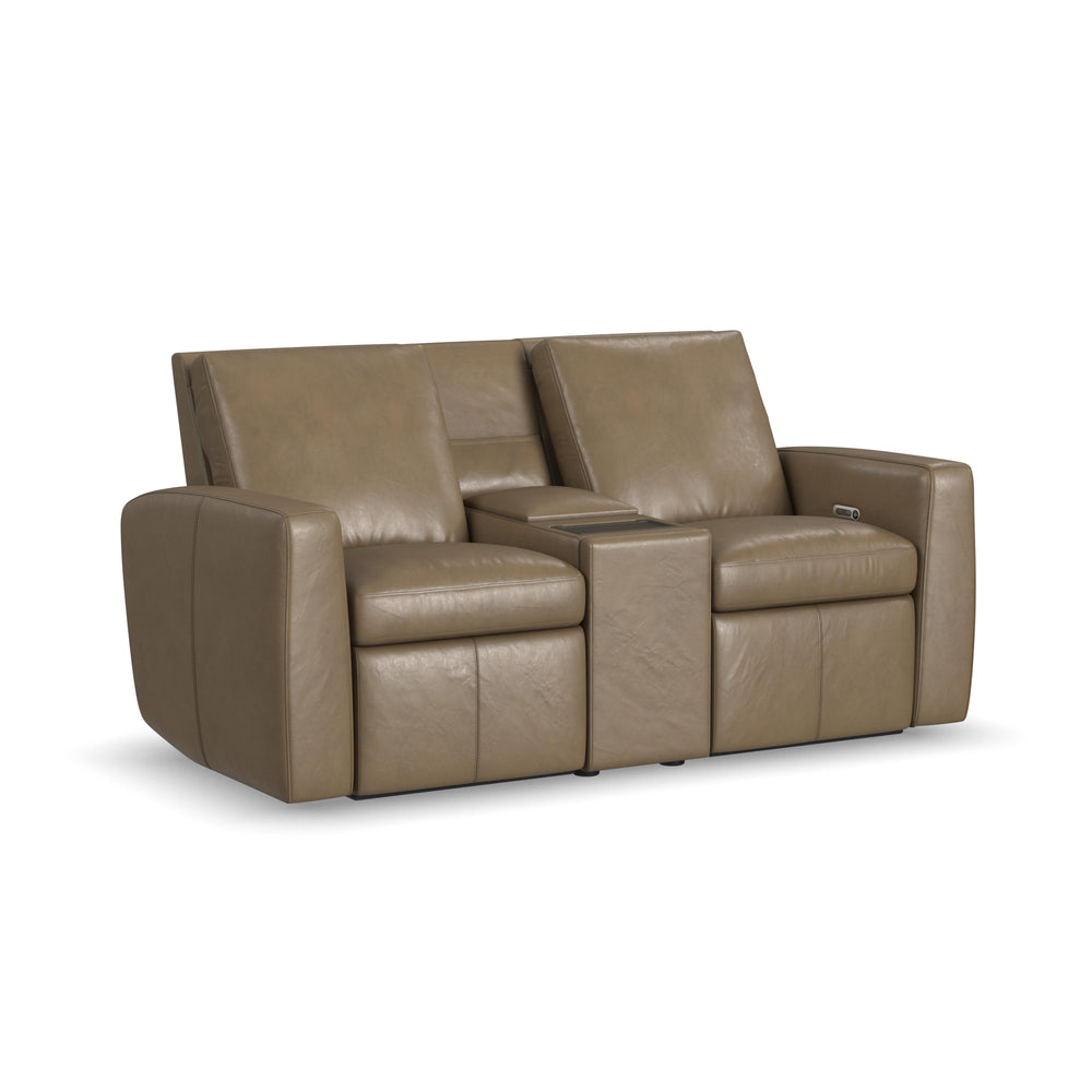 Aria Leather Power Reclining Loveseat with Console in Fawn