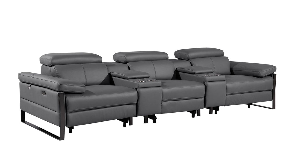 DivanItalia 1246 Modular Power Triple Reclining Dual Console Sofa with Power Reclining Headrests – Top Grain Italian Leather - Dark Gray
