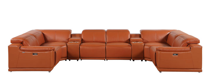 DivanItalia 9762 8-Piece U Shaped Top Grain Italian Leather Sectional Sofa with 2 Power Recliners - Camel