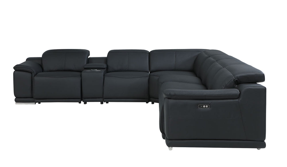 DivanItalia 9762 7-Piece L Shaped Top Grain Italian Leather Sectional Sofa with 4 Power Recliners - Black