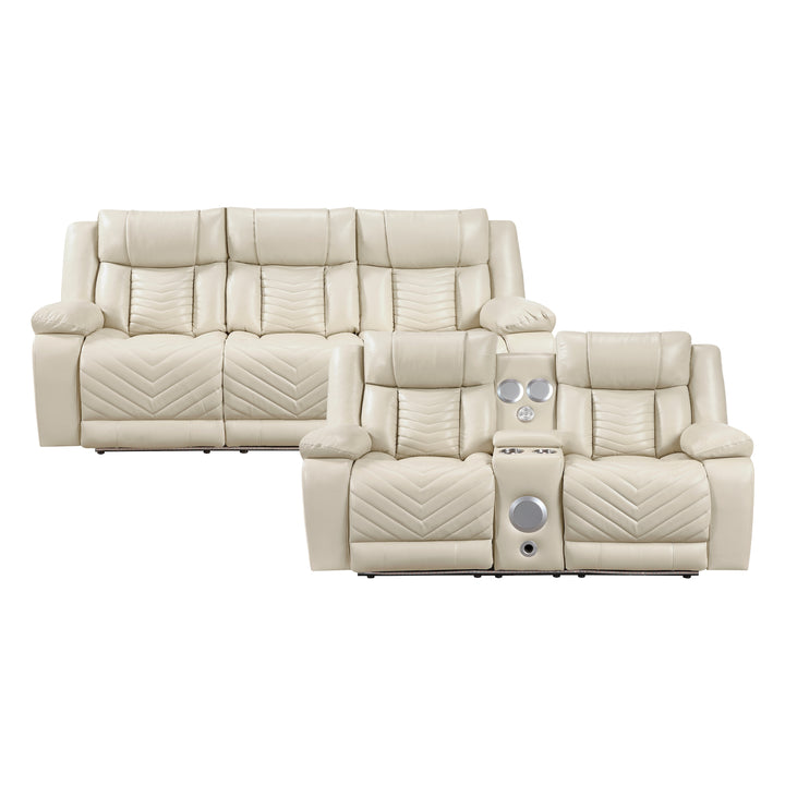 Huron Power Power Double Reclining Sofa  and Loveseat with Center Drop-Down Cup Holders, Wireless Charger, Magazine Bag, LED and Charging Ports
