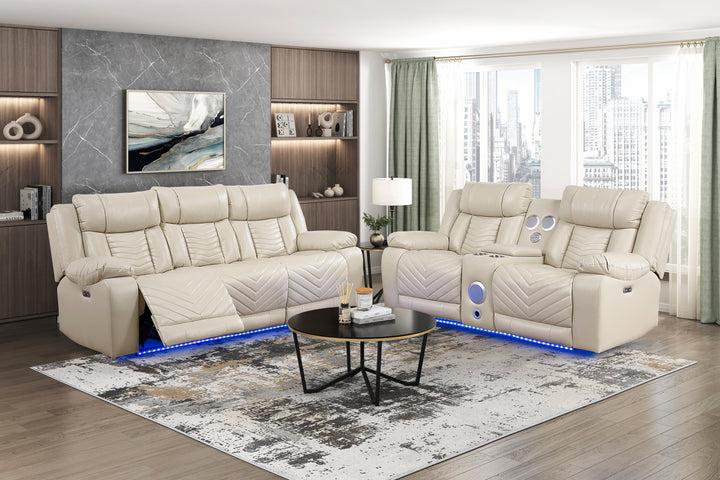 Huron Power Power Double Reclining Sofa with Center Drop-Down Cup Holders, Wireless Charger, Magazine Bag, LED and Charging Ports