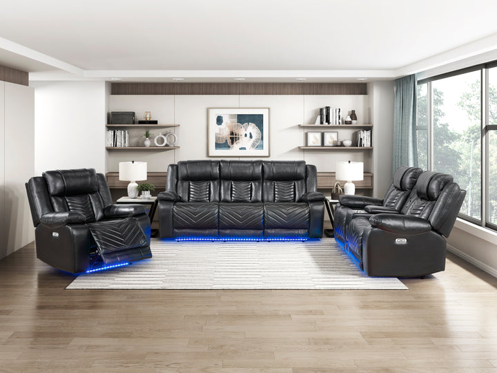 Huron Power Power Double Reclining Sofa  and Loveseat with Center Drop-Down Cup Holders, Wireless Charger, Magazine Bag, LED and Charging Ports