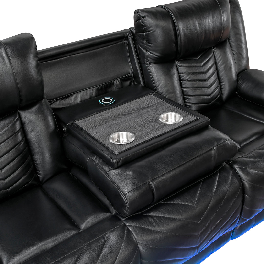 Huron Power Power Double Reclining Sofa with Center Drop-Down Cup Holders, Wireless Charger, Magazine Bag, LED and Charging Ports