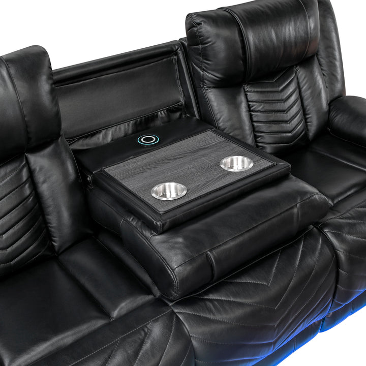 Huron Power Power Double Reclining Sofa with Center Drop-Down Cup Holders, Wireless Charger, Magazine Bag, LED and Charging Ports