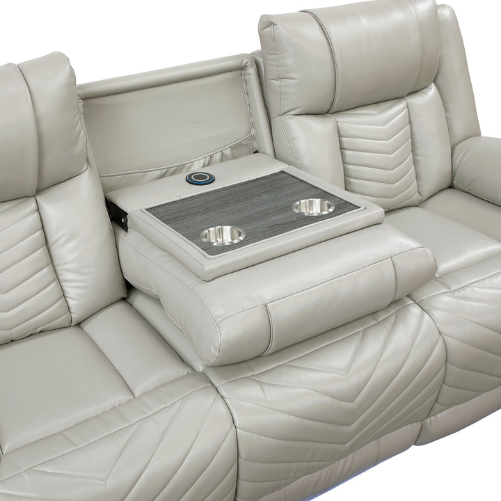 Huron Power Power Double Reclining Sofa with Center Drop-Down Cup Holders, Wireless Charger, Magazine Bag, LED and Charging Ports