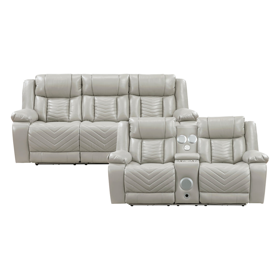Huron Power Power Double Reclining Sofa  and Loveseat with Center Drop-Down Cup Holders, Wireless Charger, Magazine Bag, LED and Charging Ports