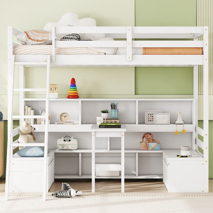 Twin Loft Bed With Storage Shelves, Drawers, Seat And Desk, White Color