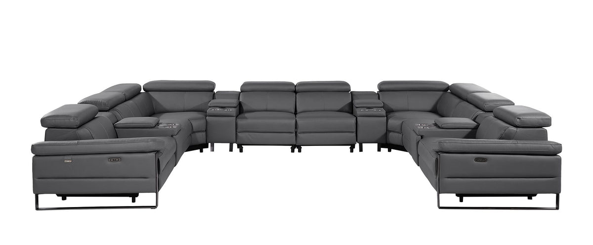 DivanItalia 1246 12-Piece U-Shaped Modular Power Reclining Sectional with 4 Power Recliners and Power Headrests – Top Grain Italian Leather - Dark Gray