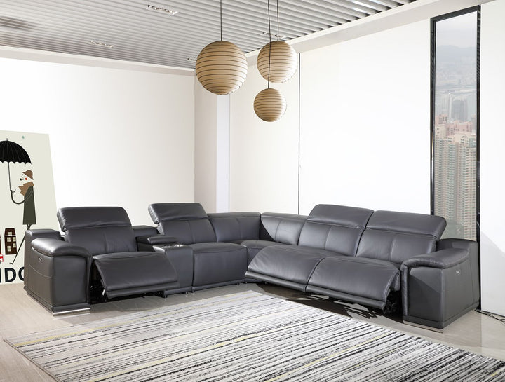DivanItalia 9762 6-Piece L Shaped Top Grain Italian Leather Sectional Sofa with 3 Power Recliners - Dark Gray