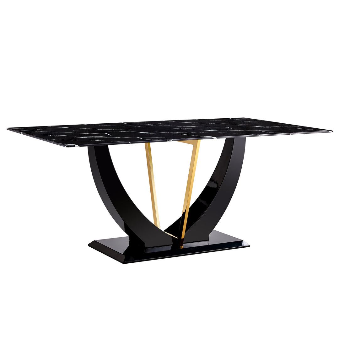 Modern Minimalist Luxurious Black Imitation Marble Dining Table Rectangular Office Desk with Tempered Glass