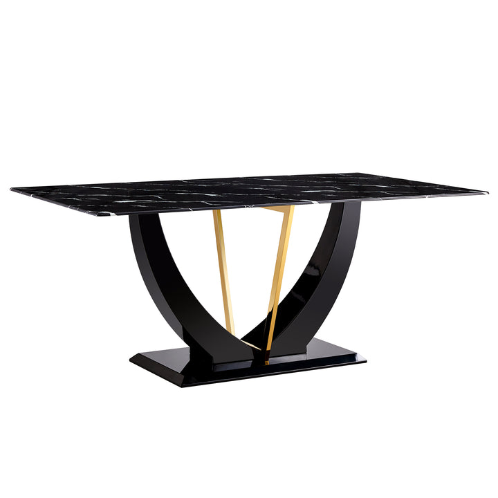 Modern Minimalist Luxurious Black Imitation Marble Dining Table Rectangular Office Desk with Tempered Glass