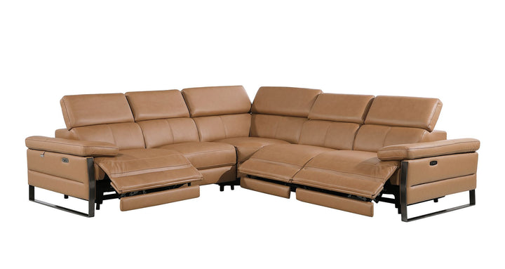 DivanItalia 1246 5-Piece L-Shaped Modular Power Reclining Sectional with Power Headrests – Top Grain Italian Leather - Cognac