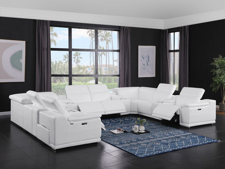 DivanItalia 9762 12-Piece U Shaped Top Grain Italian Leather Sectional Sofa with 4 Power Recliners - White