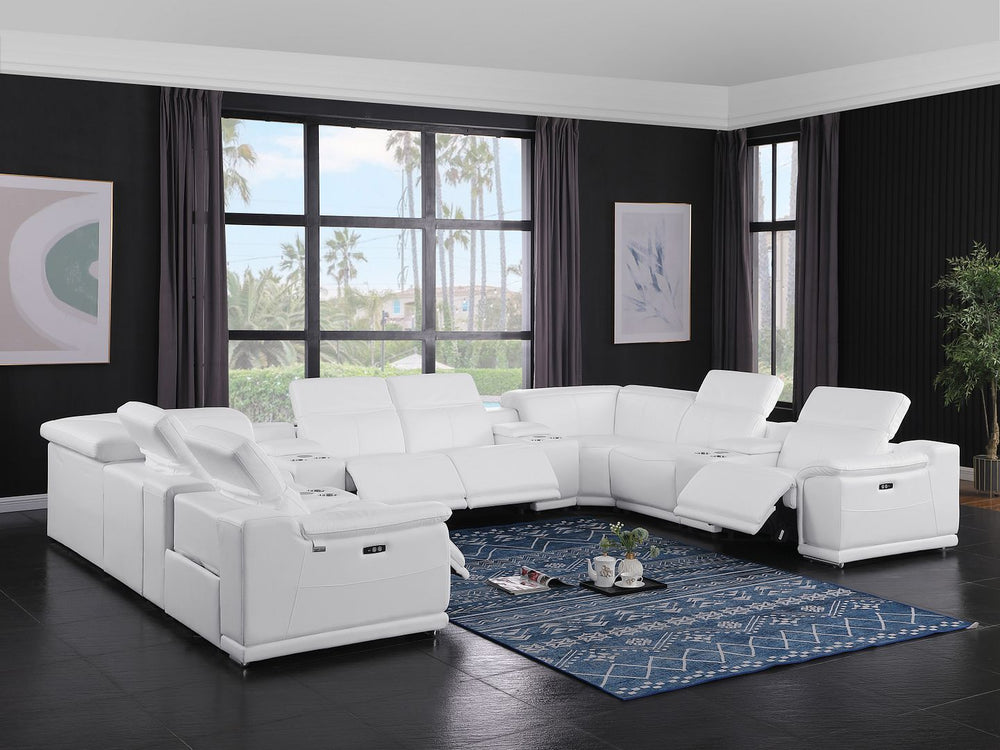 DivanItalia 9762 12-Piece U Shaped Top Grain Italian Leather Sectional Sofa with 4 Power Recliners - White