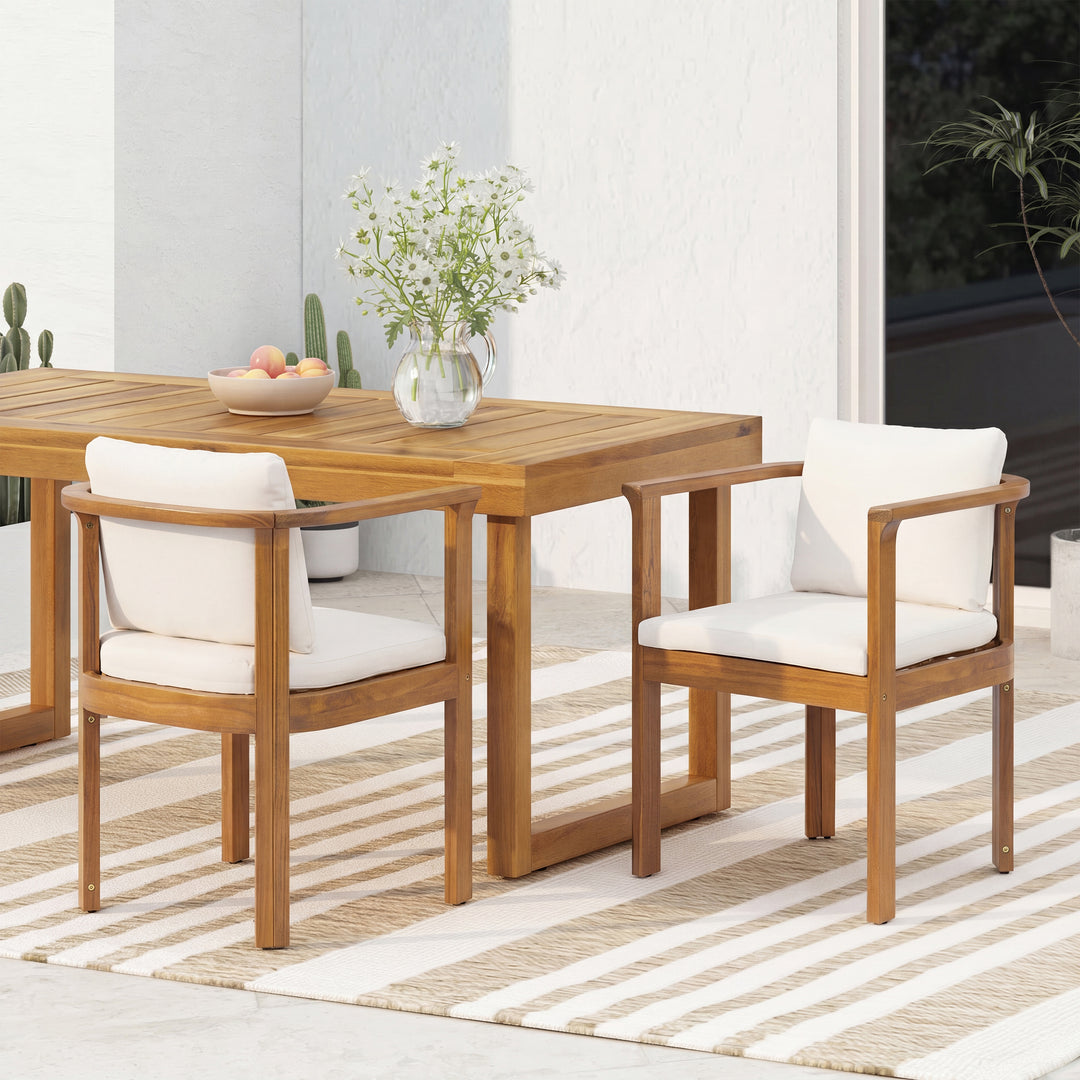 Curved Arm Acacia Outdoor Dining Chair – Cream (Set of 2)