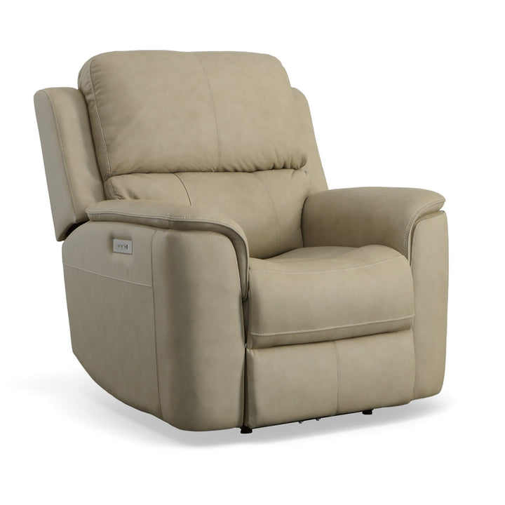 Flexsteel Henry Beige Leather Power Recliner with Power Headrest &amp; Lumbar