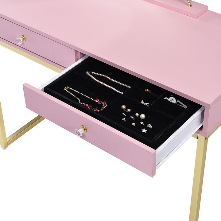 Coleen - Vanity Desk With Mirror & Jewelry Tray - Pink & Gold