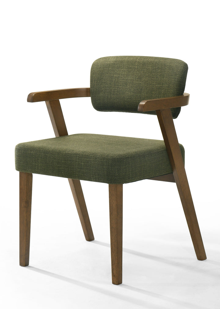Sacks - Mid-Century Modern Green Fabric + Herringbone Walnut Dining Set