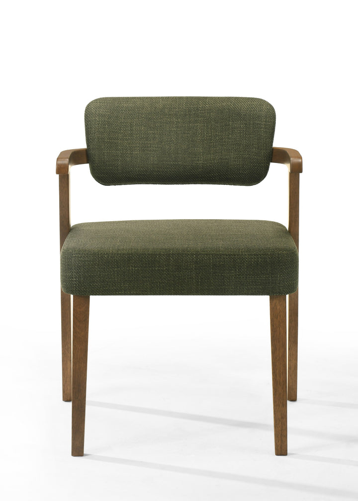 Sacks - Mid-Century Modern Green Fabric + Herringbone Walnut Dining Set