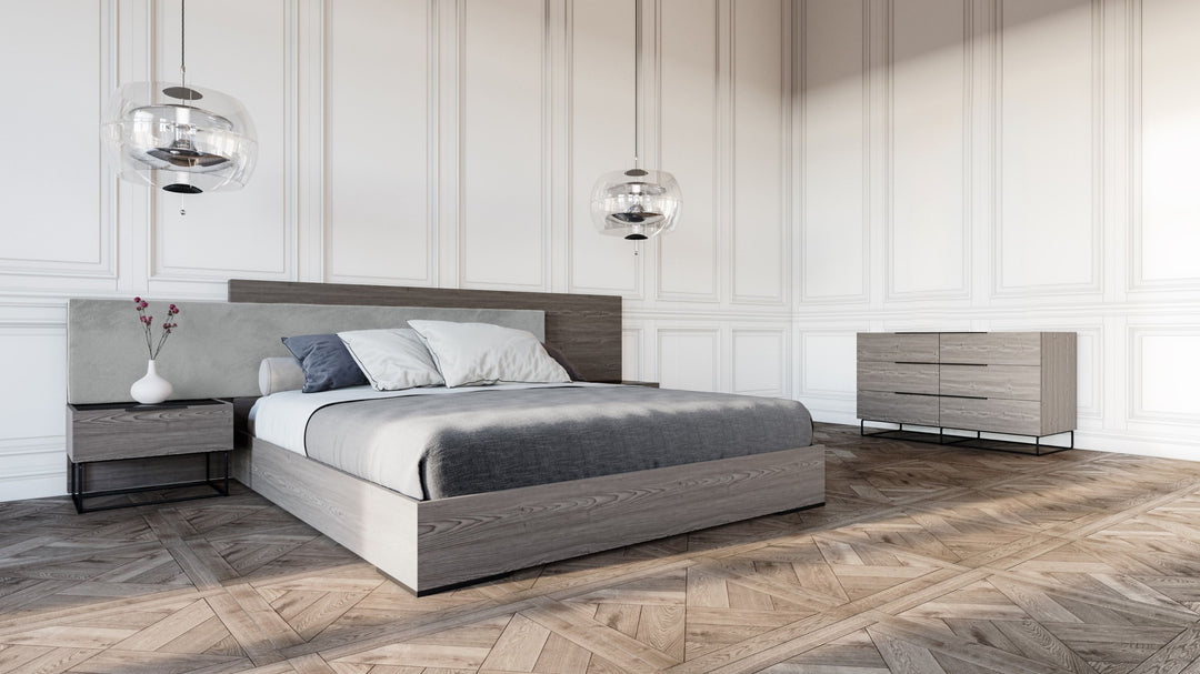 Queen Enzo Italian Modern Grey Oak & Fabric 4-Piece Bedroom Set