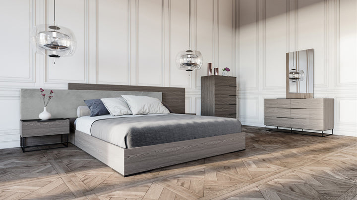 Enzo Italian Modern Grey Oak &amp; Fabric Bed w/ Nightstands
