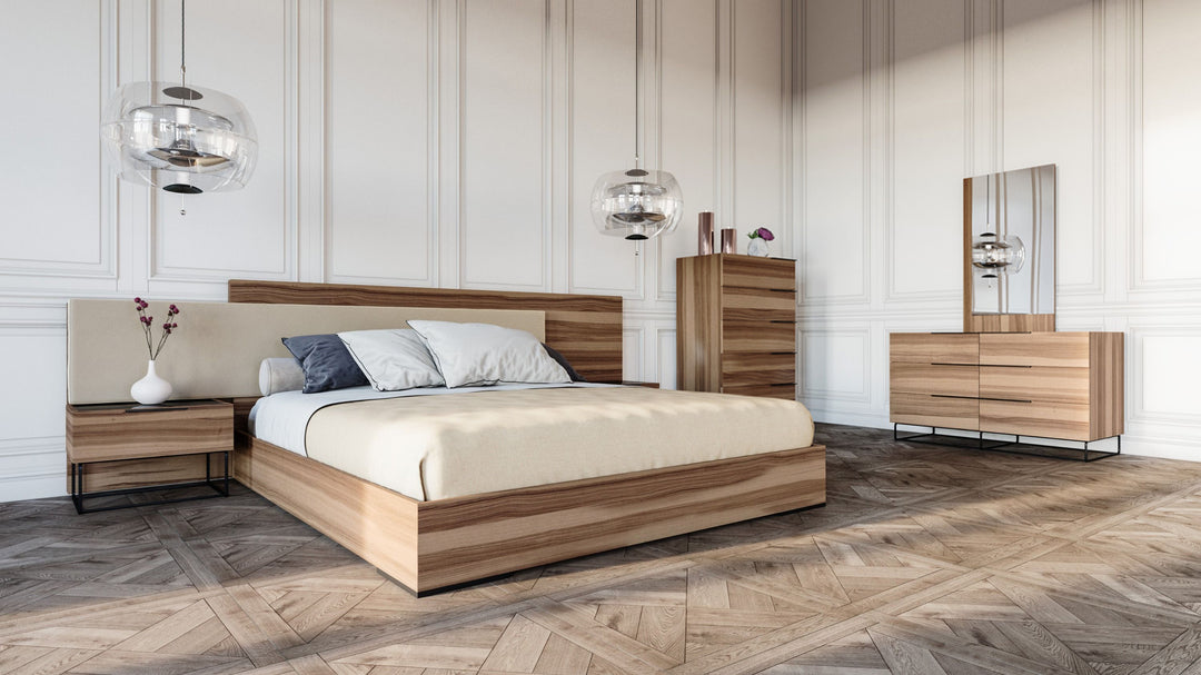 Eastern King Matteo Italian Modern Walnut & Fabric 4-Piece Bedroom Set