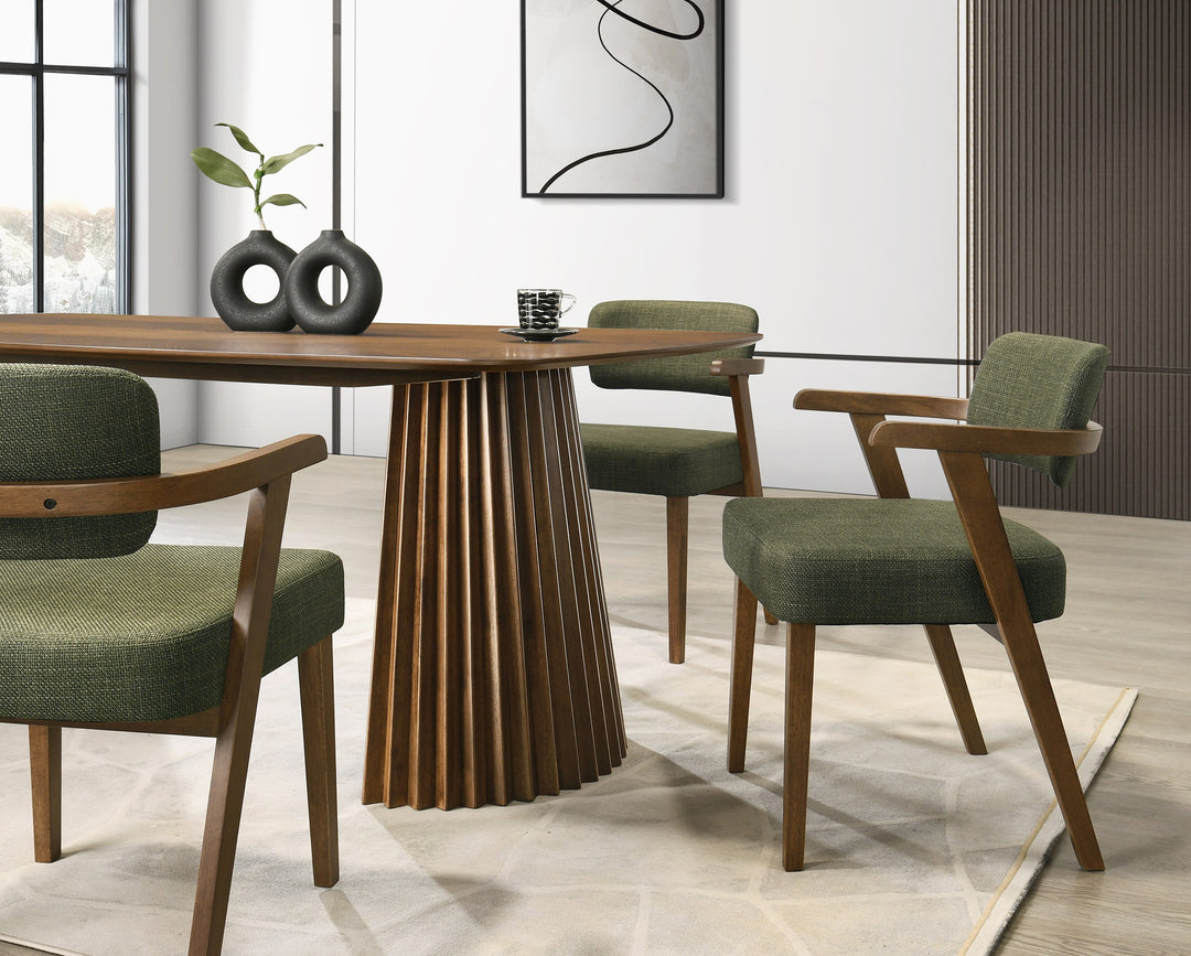 Sacks - Mid-Century Modern Green Fabric + Herringbone Walnut Dining Set