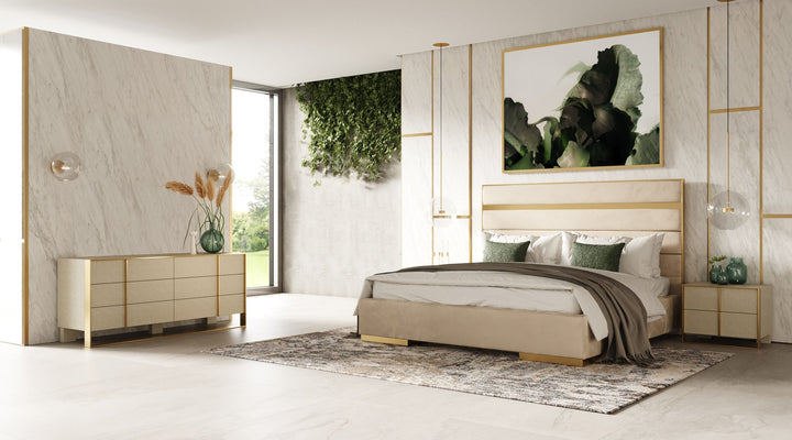 Cartier - Modern Beige Velvet + Brushed Brass 4-Piece Bedroom Set