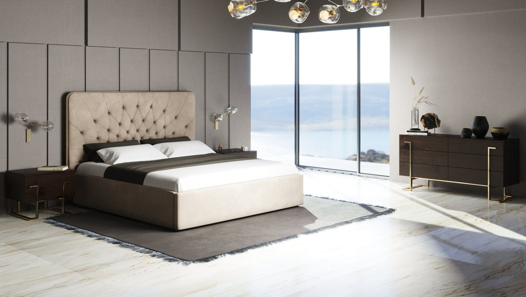 Moontide - Glam Beige Velvet and Brushed Brass 4-Piece Bedroom Set