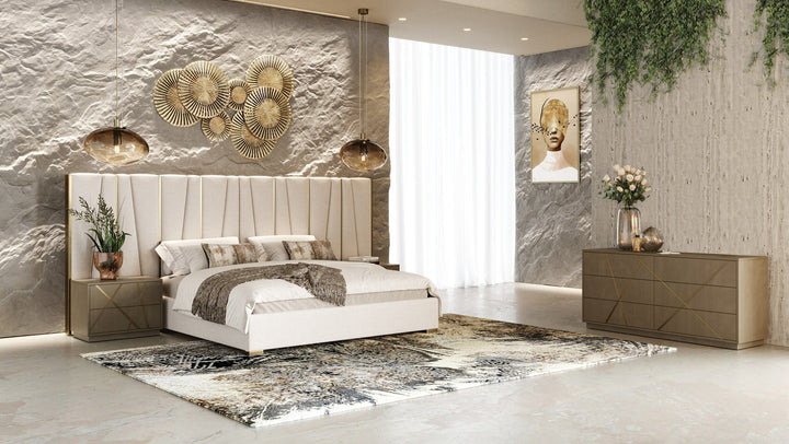 Nixa - Modern Beige Velvet + Brushed Bronze + Birch 4-Piece Bedroom Set