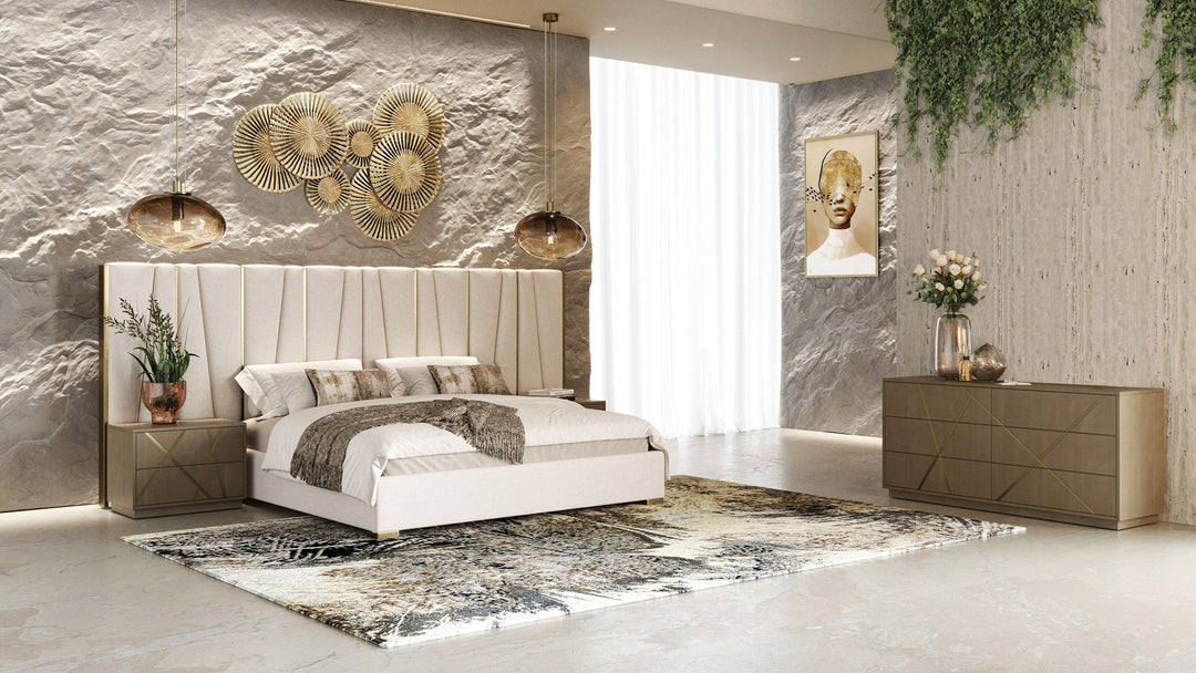 Nixa - Modern Beige Velvet + Brushed Bronze + Birch 4-Piece Bedroom Set