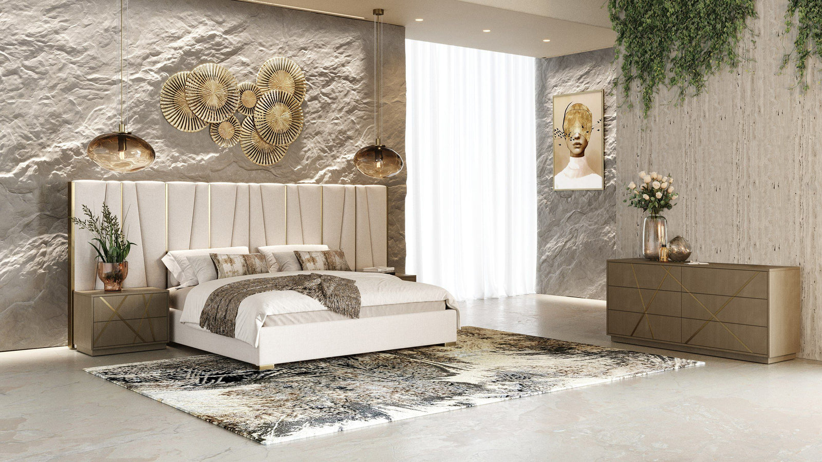 Nixa - Modern Beige Velvet  Brushed Bronze  Birch 4-Piece Bedroom Set