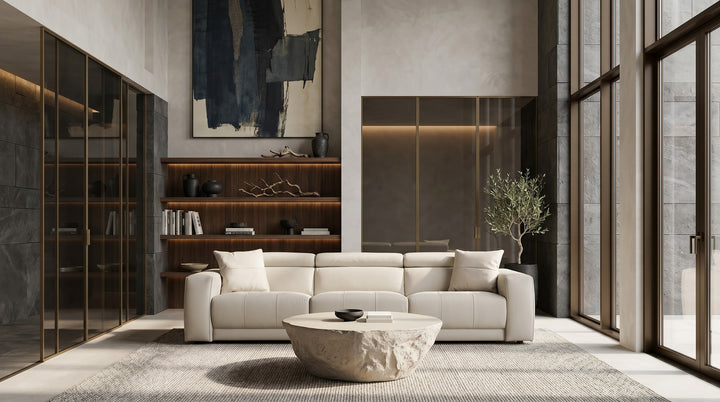 Dalton - Modern Italian Light Grey Leather 4-Seat Sofa + 2 Recliners