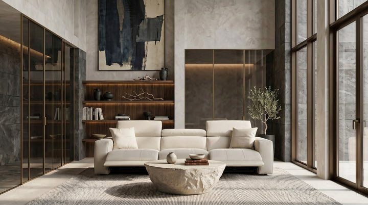 Dalton - Modern Italian Light Grey Leather 4-Seat Sofa + 2 Recliners