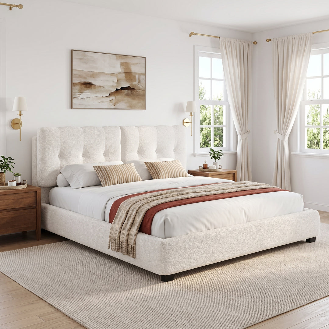 Tufted Boucle Queen Platform Bed – White