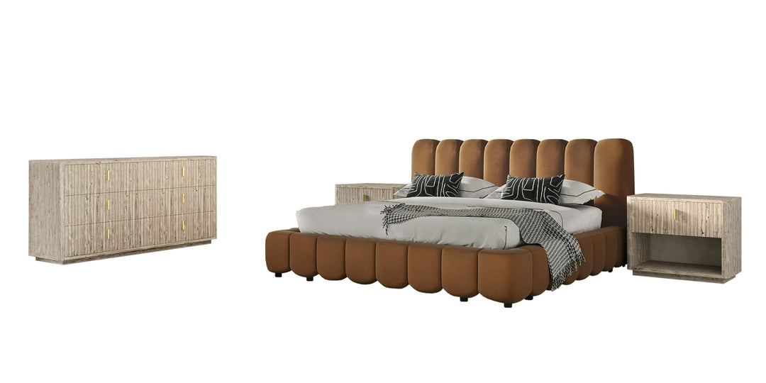 Harris + Roma - Modern Brown Fabric + Faux Travertine 4-Piece Bedroom Set