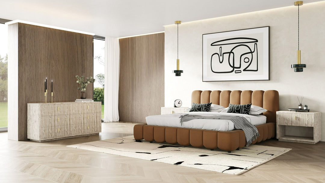 Harris + Roma - Modern Brown Fabric + Faux Travertine 4-Piece Bedroom Set