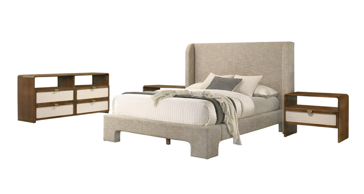 Emilio - Modern Beige Fabric + Burlap + Walnut 4-Piece Bedroom Set